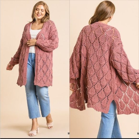 Umgee Sweaters - Umgee Dusty Rose/Mauve Open Weave Crochet Long Cardigan Size 1X